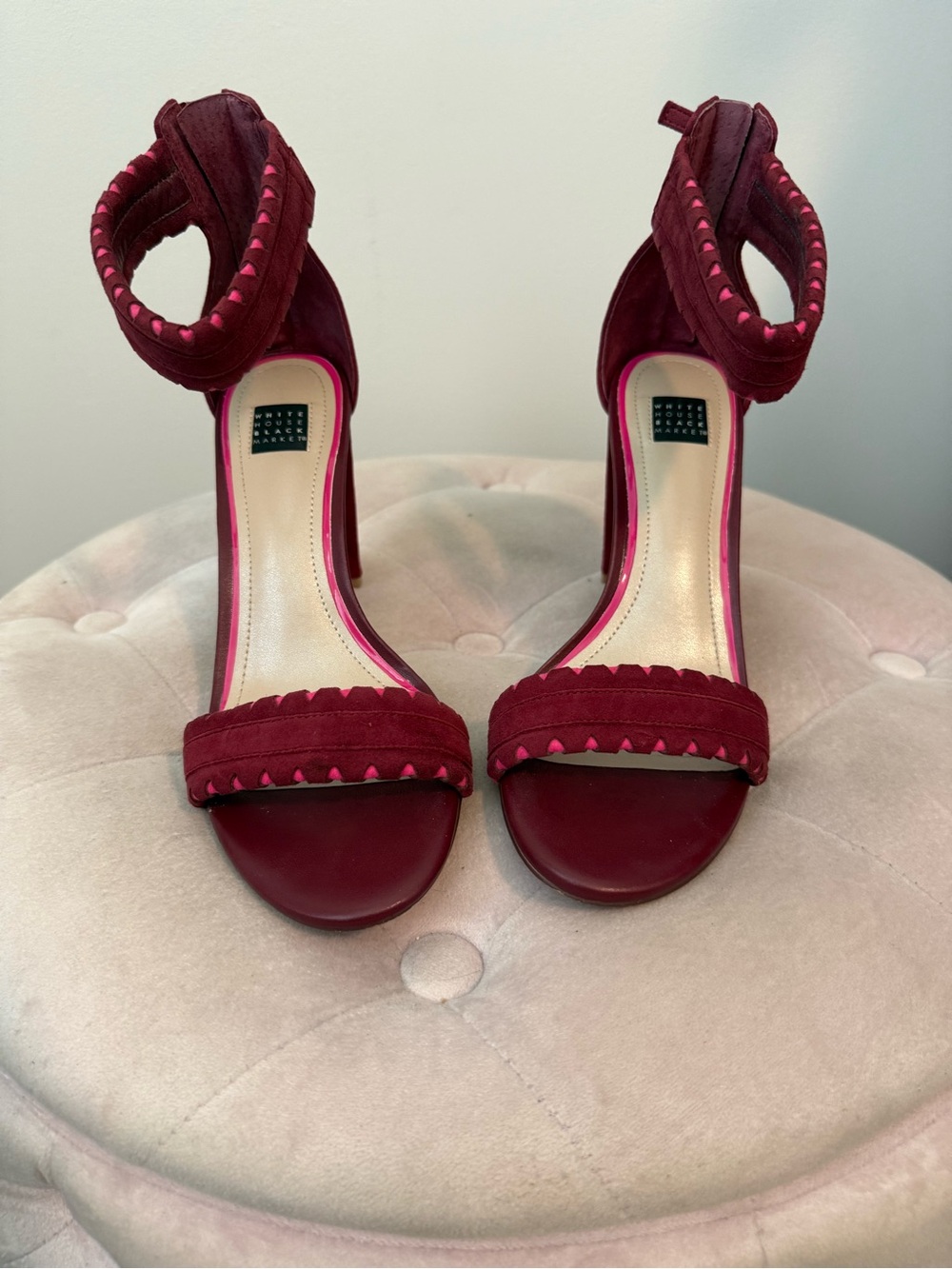 White House Black Market Burgundy Ankle-Strap Scalloped Heels